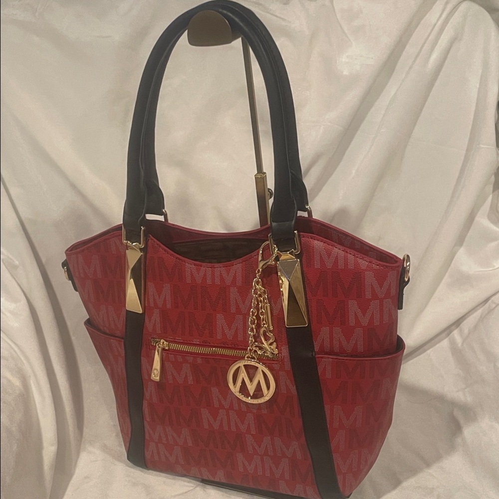Elegant Red and Black Tote Bag with Gold Accents MIA K Collection